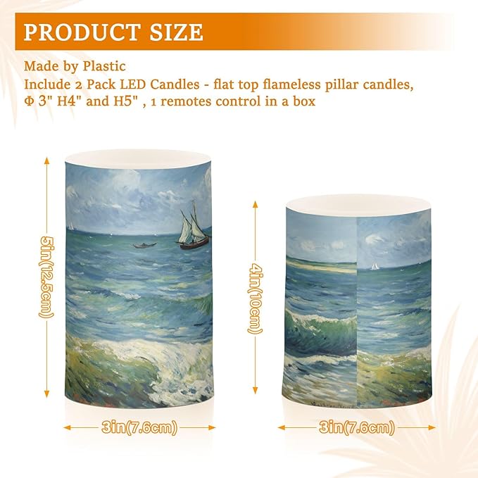 Van Gogh Sailboat Flameless Candles Color Changing LED Candles with Remote Control Battery Candles for Outdoor and Indoor Home and Room Decoration, 3'' x 4''/5'' Set of 2 Pieces