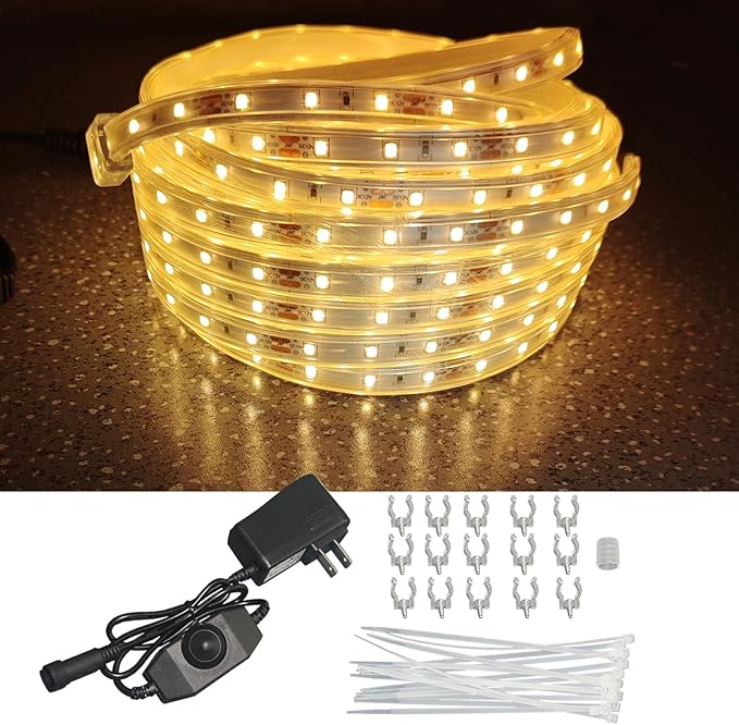33ft Flat Rope Light Outdoor Warm White, 12V Dimmable LED Strip, 600 LEDs Flexible Waterproof Lighting for Outside House, Camping, Porch – Not Tube Light, Single Run Only
