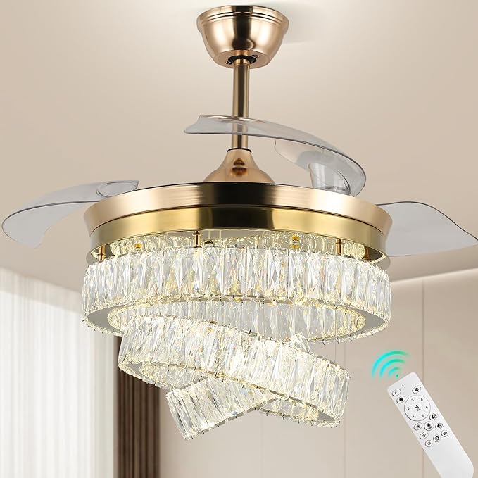 Finktonglan 42'' Dimmable Chandeliers Fan, Crystal Ceiling Fan with Lights with APP & Remote Control, Gold Fandelier Ceiling Fan, 3 Color Change, 6 Speed Reversible Fandeliers, Circulating Air