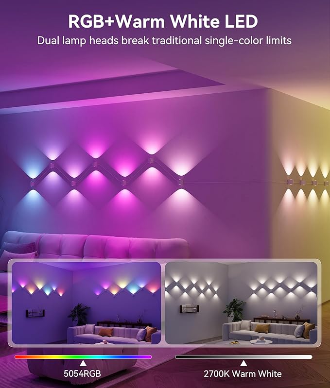 12-Light RGBCW Wall Sconce Light, Up/Down Bedroom Wall Lights, Music Sync, DIY-Styling Color-Changing Wall Lamps for Living Room Party Home Decor, Works with Alexa/Google Assistant, 31.8ft