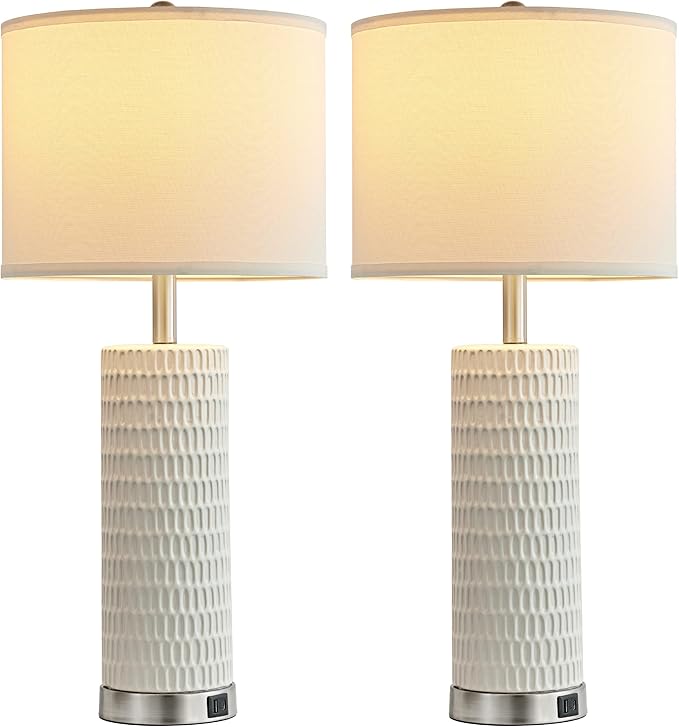 26.5" Ceramic Table Lamp Set of 2, 3 Way Dimmable Touch Control Table Lamp with 2 USB Charging Ports for Bedroom Living Room, Modern Nightstand Lamp End Table Lamps, Bulbs Included
