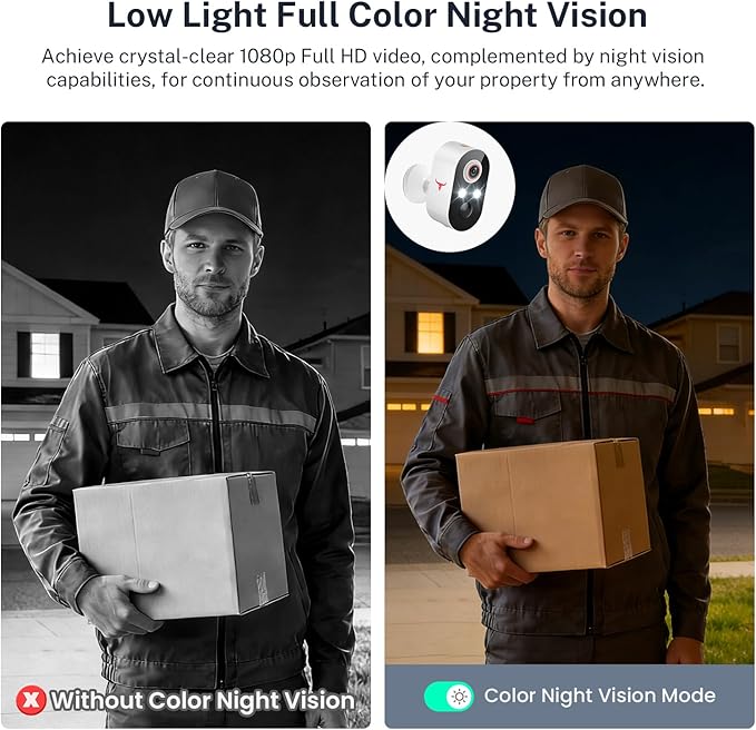 1080P Wireless Security Camera Outdoor/Indoor, Rechargeable Battery Powered, AI Detection, Color Night Vision, 2-Way Audio, Water Resistant, Wi-Fi