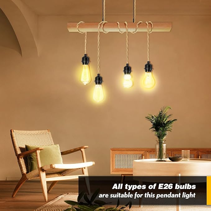 2Pack Plug in Pendant Light Cord, Farmhouse Hanging Lights with Plug in Cord, 15FT Hemp Rope Plugin Hanging Light Cord Kit with On/Off Switch, E26 E27 LightSocketCord
