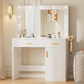 DUMOS Vanity Desk with Mirror and 11 LED Lights, Makeup Vanity Table with Charging Station (2AC/USB/C), Dressing Table with 2 Drawers & Large Cabinet, 3 Lighting Color Adjustable, White
