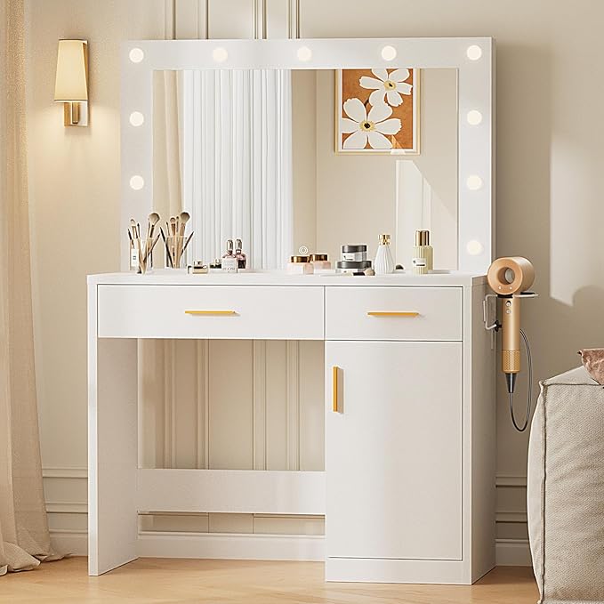DUMOS Vanity Desk with Mirror and 11 LED Lights, Makeup Vanity Table with Charging Station (2AC/USB/C), Dressing Table with 2 Drawers & Large Cabinet, 3 Lighting Color Adjustable, White