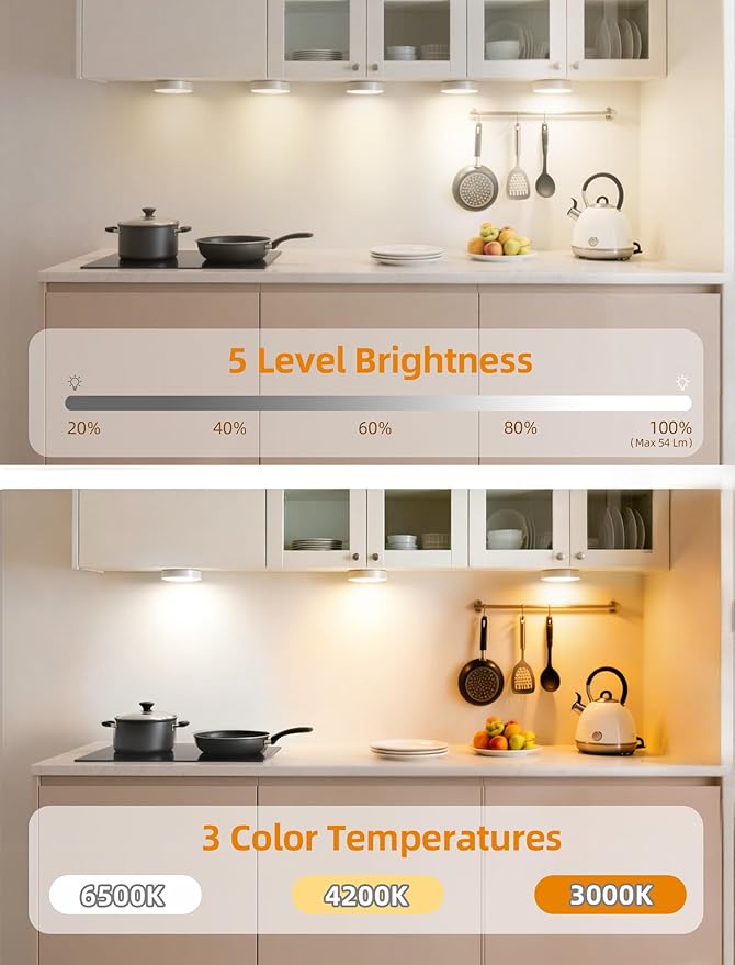 Under Cabinet Lighting, LED Puck Lights with Remote, Rechargeable Motion Sensor Lights Indoor, Dimmable Stick On Lights 3 Color Temps & 12 RGB Under Counter Lights for Kitchen, Closet White 6 Pack