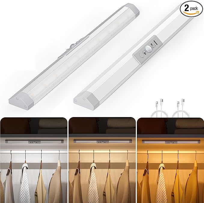 WOBANE Rechargeable Motion Sensor Closet Light，3 Color Dimmable LED Bar with Eye Comfort Design，Magnetic Mount Wireless Battery Operated LED Lighting for Wardrobe，Stairs，Pantry，Hallway, 12inch, 2PCS
