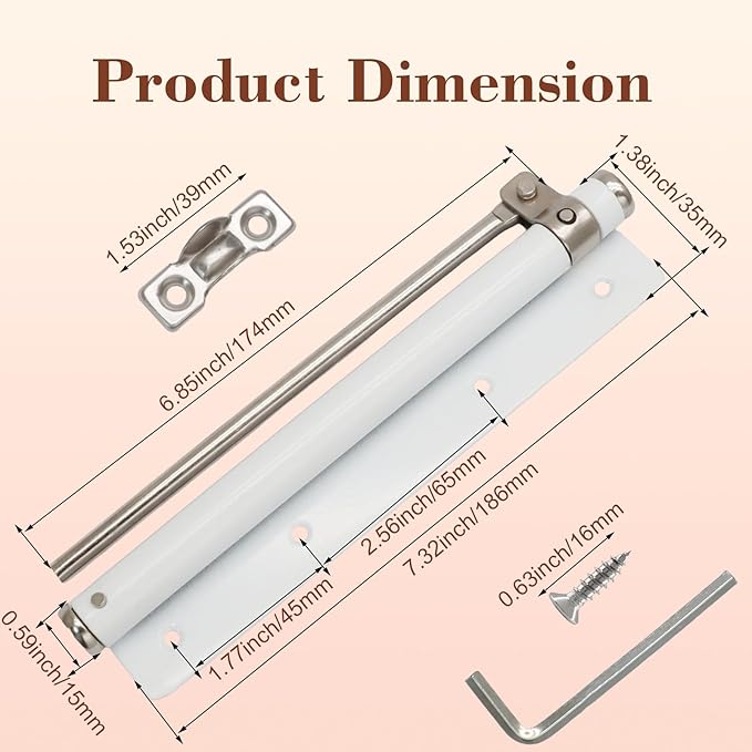 BokWin Automatic Door Closer for Home, Safety Spring Door Closers Adjustable Self Closing Device, Easy to Install with Arm, Screw, Wrench for 5kg (1 Pack, White)