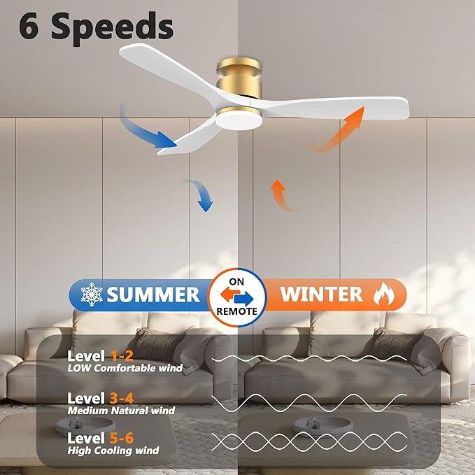 52 Inch Smart Low Profile Ceiling Fans,Solid Wood Outdoor Indoor Ceiling Fan with Lights Remote,WIFI Alexa App Control,Quiet DC Motor,Dimmable LED,Modern Flush Mount Fan for Bedroom Patio,Gold White