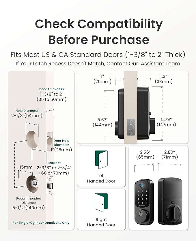 DESLOC Smart Door Lock B200, Smart Deadbolt Lock, Keyless Entry Door Lock, Fingerprint Smart Lock, Smart Locks for Front Door, App Control, Touchscreen Keypad Deadbolts,12-Month Battery, BHMA Grade3