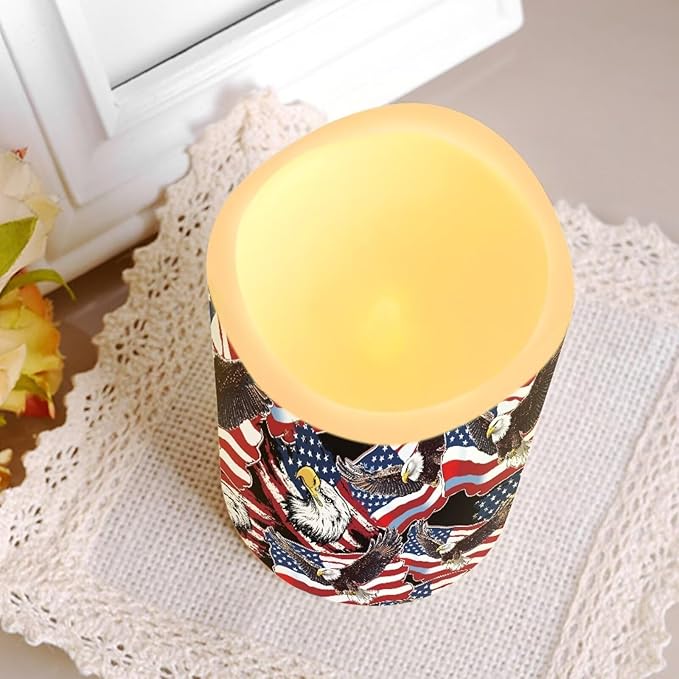 Star Stripes Patriotic Electric Candle American Flag Bald Eagle Print Flameless LED Flickering with Timer Independence Day Patriotic Light for Fireplace Living Room Decor, 4 Pack
