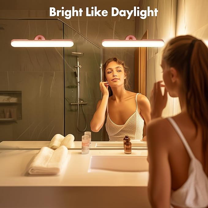 Set of 2 Wireless Vanity Makeup Lights for Mirror, Rechargeable LED Stick On Light Bar for Bathroom Mirror with Dimmable 3 CCT, Long Battery Life Cordless Light Valentine’s Day gift for Women(Pink)