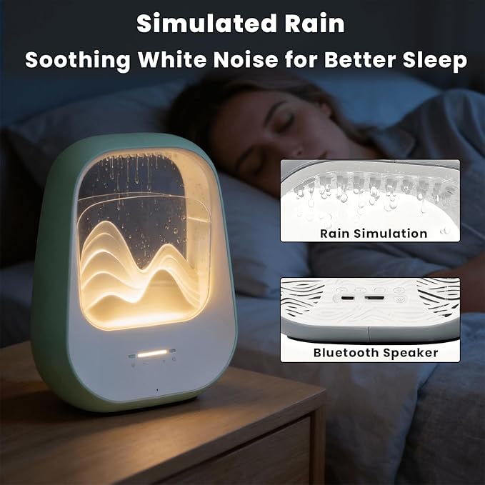 Rain Drop White Noise Machine with Realistic Rain Sounds – Sleep Therapy Humidifier, Bluetooth Speaker, Ambient Light & Aroma Diffuser for Bedroom Relaxation, Meditation & Stress Relief (Green)