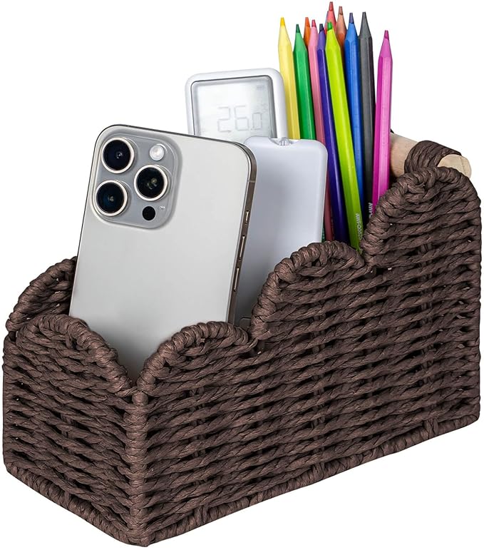 CubesLand Bedside Table Desk Organizer Caddy, Remote Pen&Pencil Holder Cup, Makeup Brush Holder w/Scalloped Perfect for Home, Office Desk, Living Room Table Decor, 3 Slots Brown