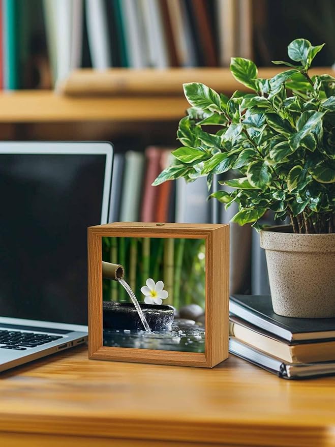 Wood Night Light Box 6.5x6.5in,Zen Meditation Plumeria Flower Table Lights Wooden Picture Frame with USB Rechargeable Touch LED Lights for Home Decor Desktop Display,Flowing Water Forest