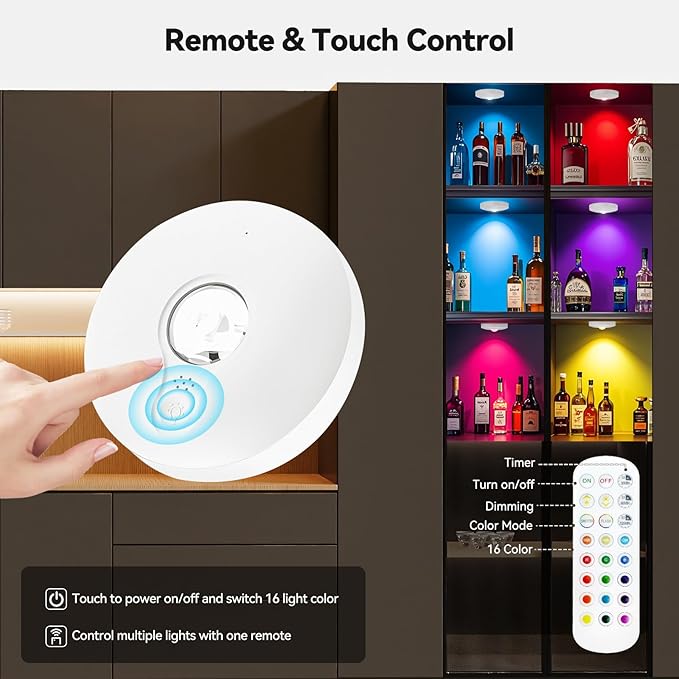 Rechargeable Puck Lights with Remote, 3 Pack Magnetic Under Cabinet Lighting, 1500mAh Battery Operated LED Tap Lights with Dimmer & Timmer for Kitchen, Closet, Shelf - 3 Color Temps & 12 RGB, White