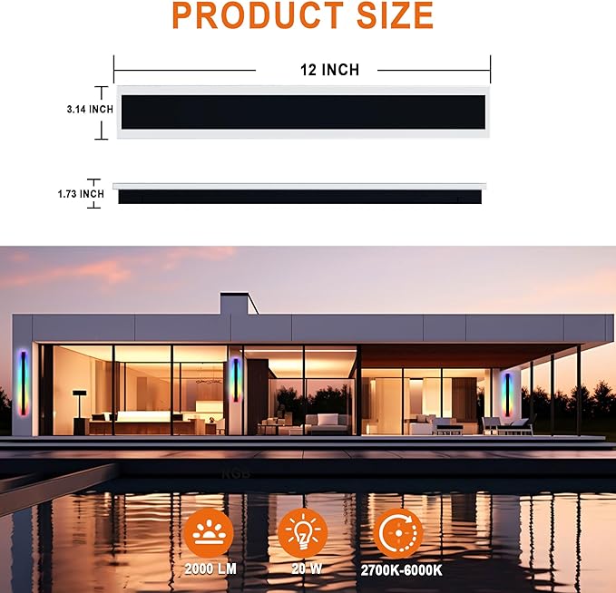 ASLONG 1PC 12In LED RGBW Wall Light with APP Control, IP66 Waterproof Smart RGB LED Wall Mount Lighting Fixture, Color Changing Ambient Light Exterior Wall Sconce for Outdoor Indoor Room Decor (1Pack)