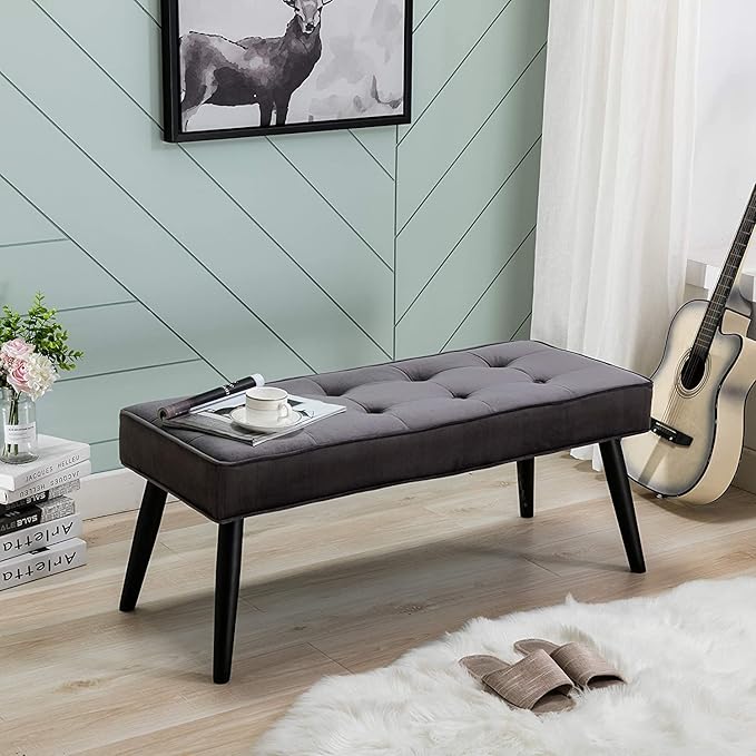 LOULENS Button Tufted Ottoman Bench, Fashionable Upholstered End of Bed Bench, Comfortable Velvet Entryway Bench for Living Room, Dark Gery
