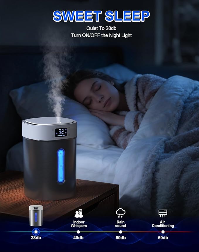 Humidifiers for Bedroom Large Room Baby, 4L Ultrasonic Cool Mist Humidifier, 304 Stainless Steel humidifiers, Auto Humidity Control, Humidity Display, Night Light, Quiet,Timer,Aromatherapy