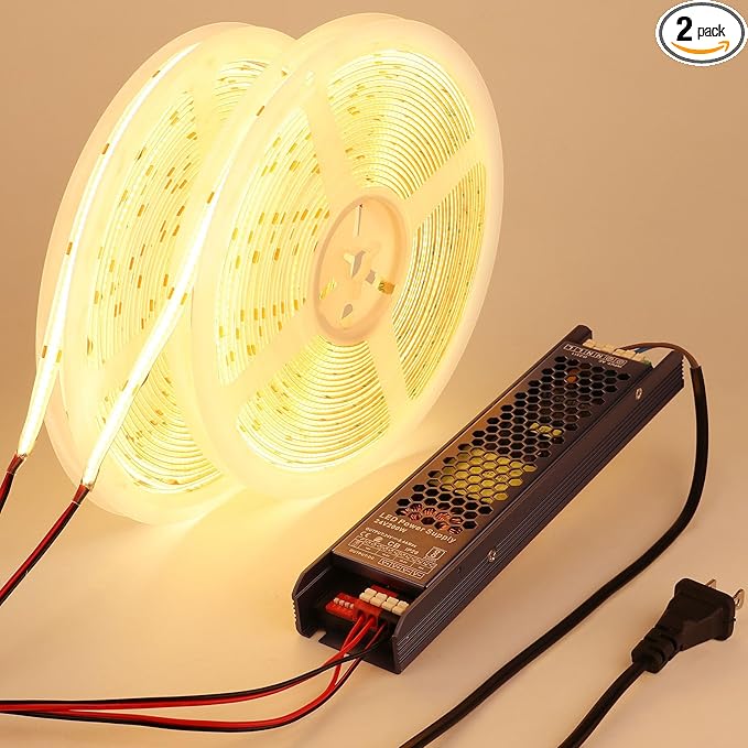 24V COB LED Strip Light Outdoor Waterproof 65.6ft (2 Rolls of 32.8ft), 3000K Warm White 11W/M 312LEDs/M CRI 93 LED Tape Light with Power Supply for Bedroom Courtyard Living Room Ceiling