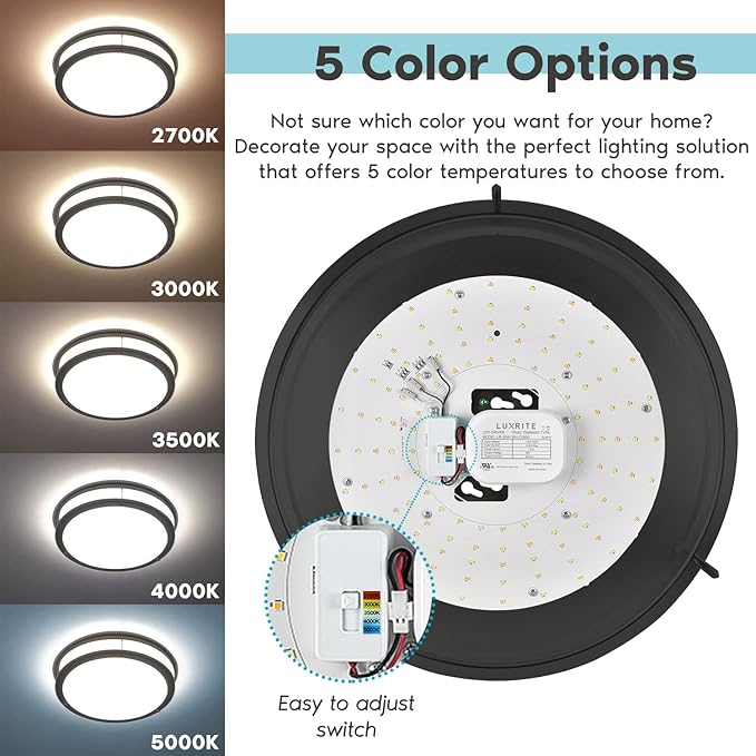 LUXRITE 16 Inch LED Flush Mount Ceiling Light, 5 Color Selectable 2700K | 3000K | 3500K | 4000K | 5000K, Dimmable, Modern Ceiling Light Fixture, 24W, 1920 Lumens, Energy Star, ETL Listed, Matte Black