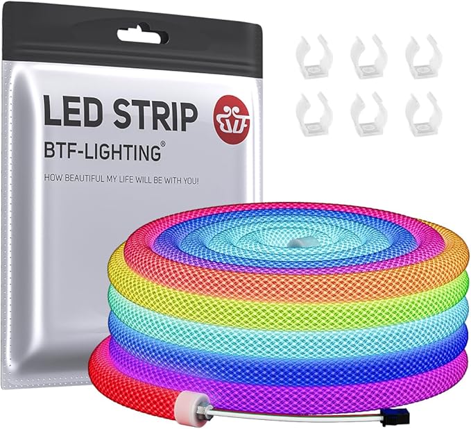 BTF-LIGHTING 9.8FT WS2811 WS2812B IC RGB DC5V 360 Degree Round Reticulate Pattern Chasing Color Neon LED Strip Flexible Nylon Silicone IP67 Waterproof Dream Color Rope Light(No Adapter or Controller)