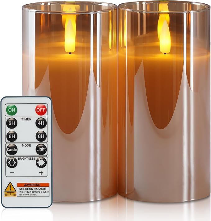 5plots Flameless Battery Operated Candles Set of 2, Gold LED Candles with Remote Timer, Real Wax Glass Pillar Candles Warm Flickering Light for Indoor Home, Halloween, Christmas Decor D3 x H6 6"