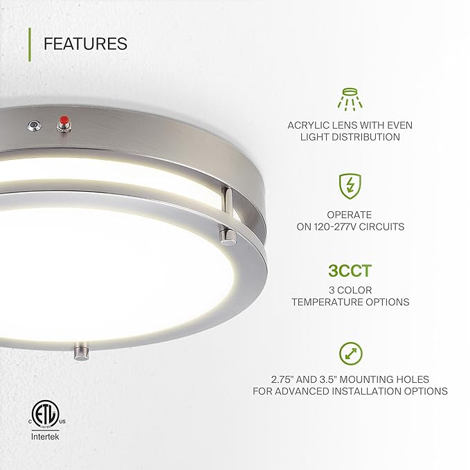 ASD LED 16" Round Flush Mount Lighting, Close to Ceiling Light Fixture | 3CCT, Dimmable, Battery Backup, ETL Listed | 24W 2116LM 3000-5000K 100-277V | Low Profile Double Ring Lamp | Nickel