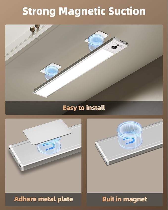 EZVALO 1-Pack Under Cabinet Lights, 3200mAh Rechargeable Motion Sensor Light Indoor, Wireless Closet Lights Battery Operated, with 3 Color Temps, Dimmable, Magnetic, for Kitchen, Stair, Pantry(12inch)