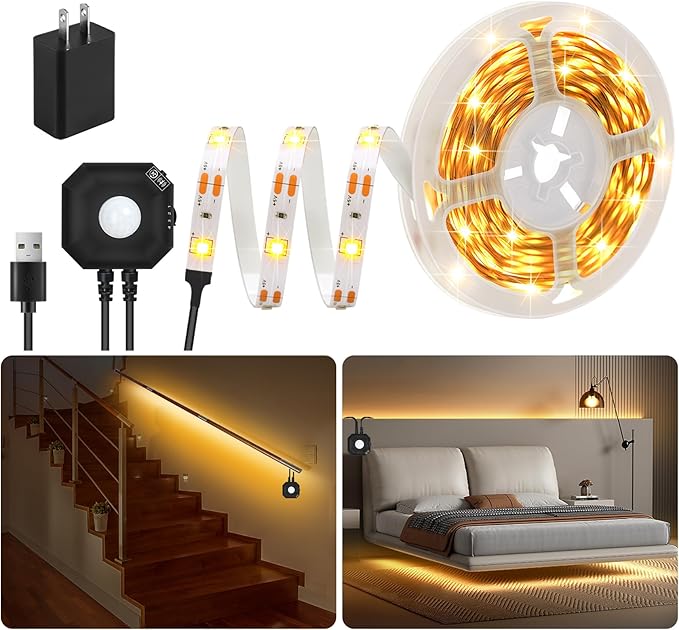 Motion Sensor Under Bed Lights, 9.8Ft Warm White LED Strip Lights Motion Activated Bed Light, USB Powered Motion Sensor LED Strip Night Lights for Bedside Bedroom Under Cabinet Stair Closet