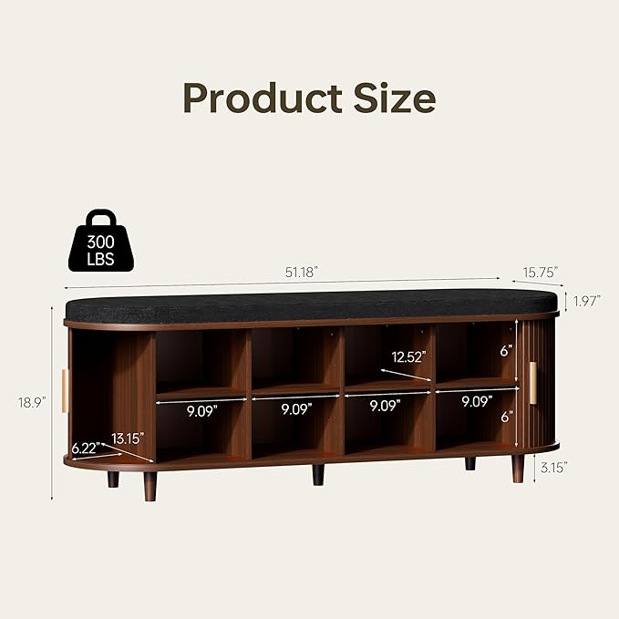 Entryway Bench with Storage: 51.2" Wooden Bedroom Shoe Bench with Thickened Padded Seat Cushion, Mid Century Modern Fluted Sliding Door and Adjustable Shelf, for Entryway, Living Room