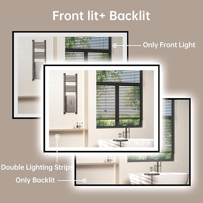24x32 LED Bathroom Mirror with Lights, Black Aluminum Framed, Backlit + Front Lit, Lighted Bathroom Vanity Mirror for Wall, Anti-Fog, Memory Function, Dimmable, Shatterproof ETL Listed