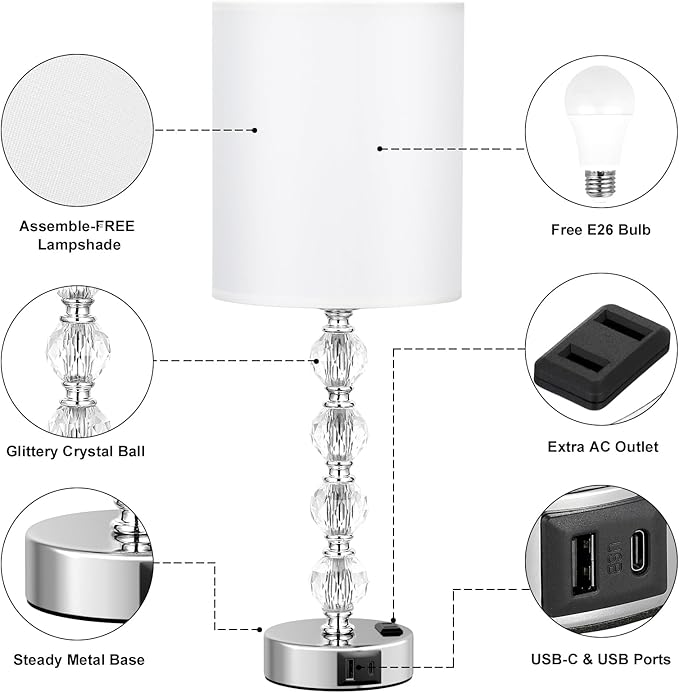 Acaxin Touch Bedside Crystal Lamps for Bedrooms Nightstand with USB C+A Charging Port and AC Outlet White, 3 Way Dimmable Silver Large End Side Table Lamp for Living/Guest/Dinning Room/Kitchen
