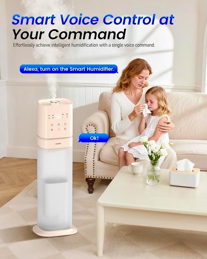 Smart Humidifier Large Room, 2.1Gal/8L Humidifiers for Bedroom with Extended Tube&Night Light, Whole House Cool Mist Humidifiers, WIFI App&Voice Control, Home/Kids/Baby, Pale Pink