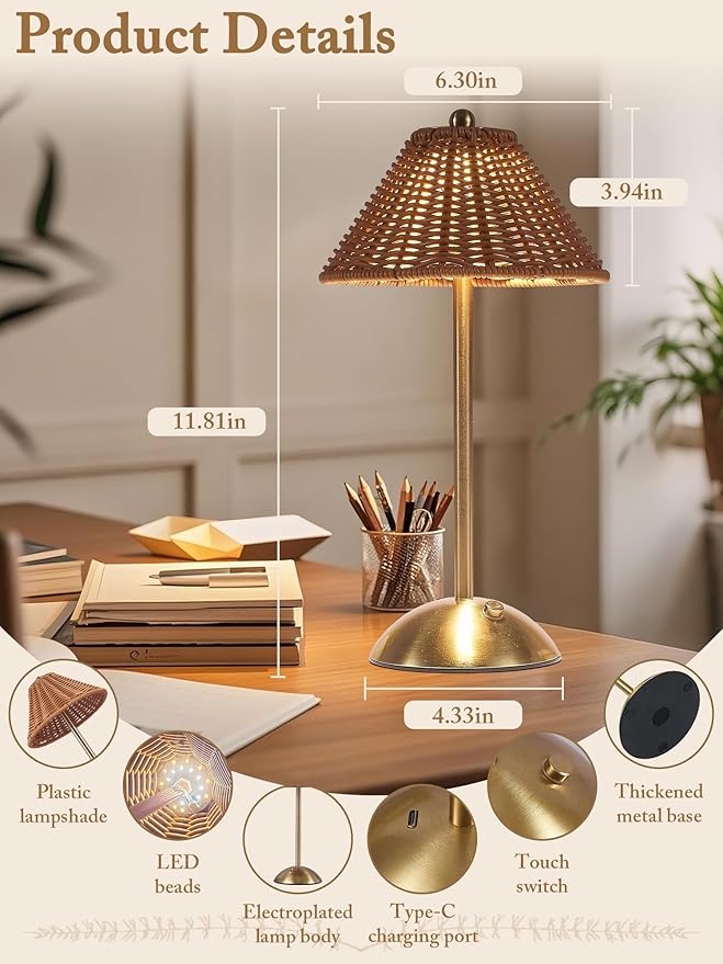 2 Pack Boho Rattan Table Lamp,Wicker Night Light,LED Rechargeable Reading Lights,3 Color Touch Control Dimmable Bedside Lamps Living Room Bedroom Office Lighting Home Outdoor Decor