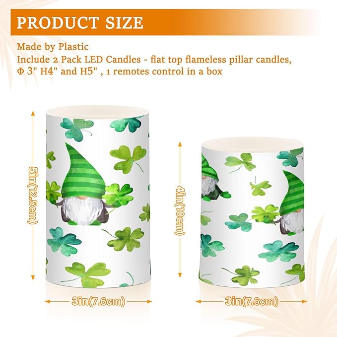 YETTASBIN St.Patrick's Day Gnome Flameless Candles with Remote Control and Timer, Adjustable Brightness Long Lasting Battery Operated LED Pillar Candles for Indoor Outdoor Party Home Decor, 2 Pack
