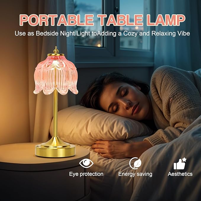 Cordless Lotus Flower Table Lamp, 5200mAh Rechargeable Battery Operated Portable Lamp, 3-Color Dimmable Touch Control Small Desk Lamp for Bedroom, Office, Kitchen, Nightstand,Room Decor (Flower Pink)