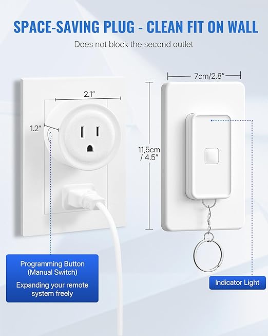 Remote Control Outlet Wireless Wall Switch, Wireless On Off Remote Switch Outlet with Magnetic Base for Light, Lamp, 100ft RF Range, 10A/1250W, Two Switches for One 0utlet W14RC2106