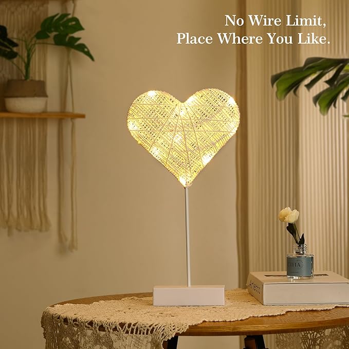 Lewondr Heart Decorative Table Lamp, Valentines Day LED Light Winding Cotton Thread Night Lamp for Bedroom, Battery Powered Desk Lamp for Galentine's Day Romantic Gifts for Women Home Decorations