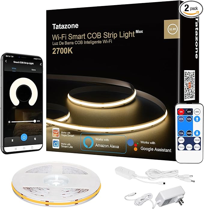 Smart White COB Led Strip Light with App and Remote, 32.8ft 2700K Bright Warm Color WiFi COB Light Strip Compatible with Alexa Google, Dimmable Indoor Led Lights for Mirror, Cabinet, Kitchen
