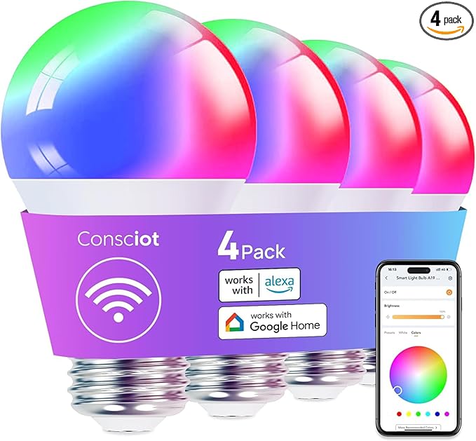 Consciot Smart Light Bulbs, A19 Color Changing Smart Bulbs, 800 Lumens 60W Equivalent, Works with Apple Home, Alexa, Google Home & SmartThings, Dimmable LED, 4-Pack