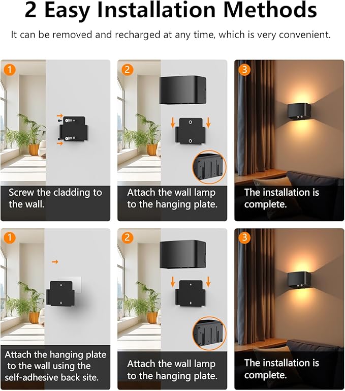 Motion Sensor Rechargeable Wall Lights Wireless Wall Sconces with Remote Control Dimmable Up and Down Wall Lamp Battery Powered Led Wall Mounted Light for Living Room Bedrooms 2 Pack
