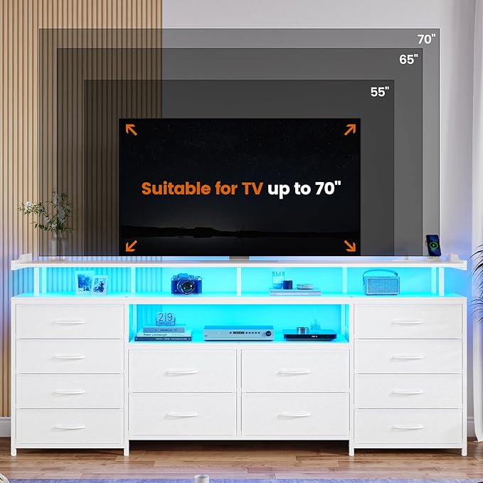 BTHFST 12 Drawers TV Stand Dresser for 65/70 inch TV, Entertainment Center with LED Lights & Power Outlets, 63" Large LED TV Stand, TV Console for Bedroom