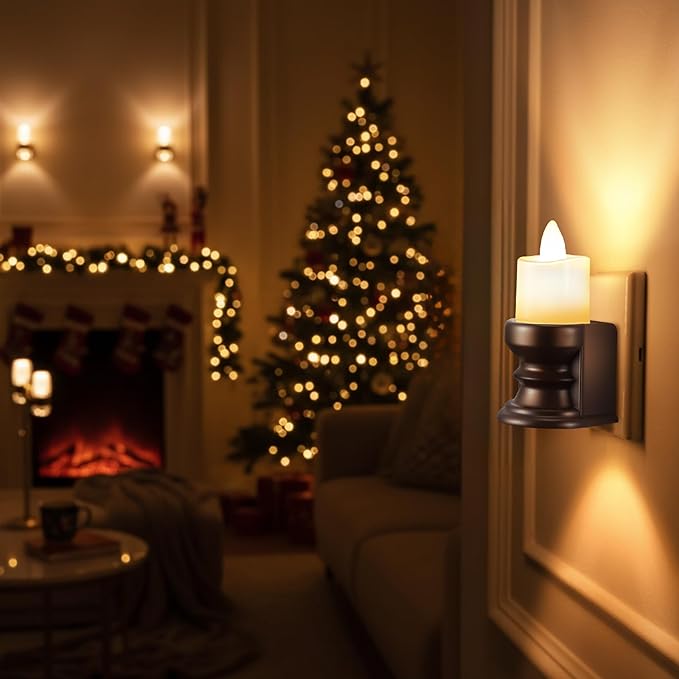 Meonum Flickering Flameless Candle Night Light Plug in, Dimmable LED Nightlight with Dusk to Dawn Sensor, Decorative Candle Light for Bedroom, Hallway, Bathroom(2 Pcs,Warm Yellow & Brown Base)