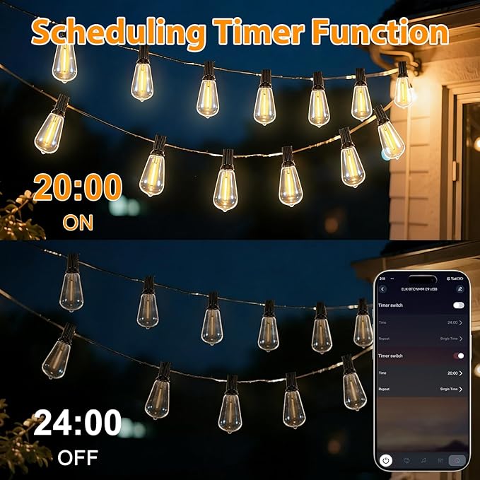 Smart Outdoor String Lights, 200FT ST38 LED Patio Lights with Timer Remote APP Control, 84 Shatterproof LED Bulbs (4 Spare), Dimmable Waterproof Hanging Light for Backyard Porch Party Decor