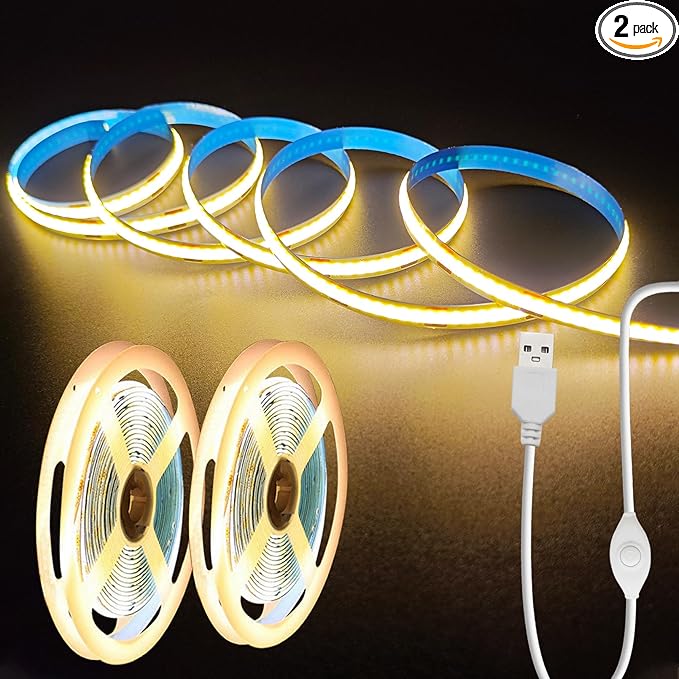 5V LED Strip Lights, Warm USB LED Light Strip, 2Pack 3.28FT Dimmable COB LED Strip Light, High Brightness Short LED Strip for Display Cabinet, Living Room, TV Lights
