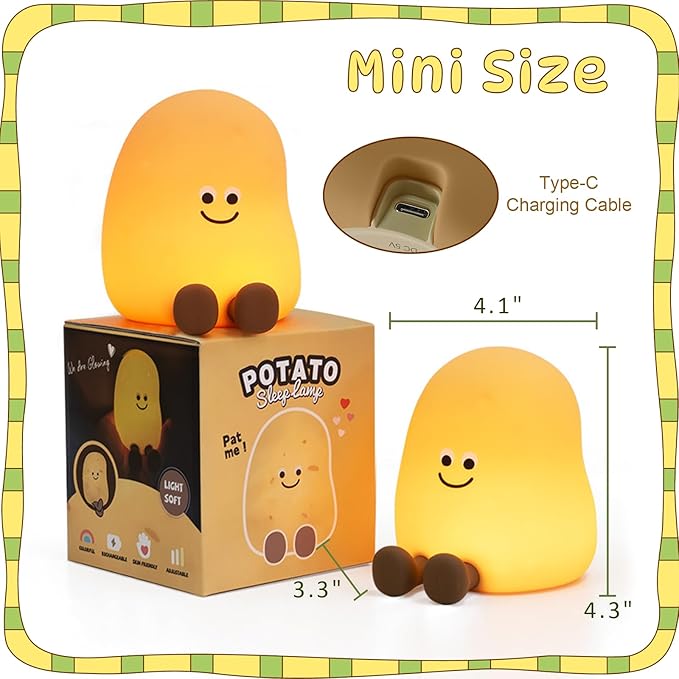 Potato Night Light for Kids, 7 Color Changing Soft Silicone Night Light, Touch Dimmable Lamp with 3 Brightness, Rechargeable Bedside Lamp with Timer, Cute Desk Decor Gift for Toddler Boy Girl (Potato)