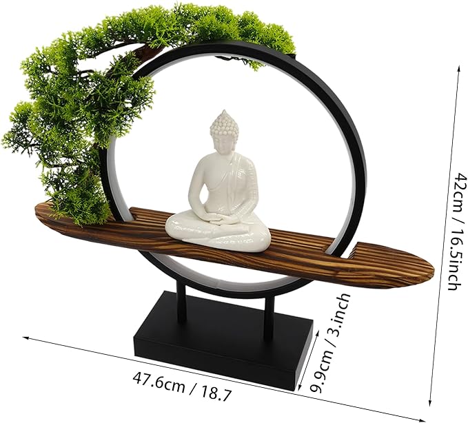Buddha Statue Lamp with LED Light, 16.5in Zen Decor for Office Desk, Mindfulness Gift for Meditation Space, Indoor Home Decor Figurine with Artificial Tree