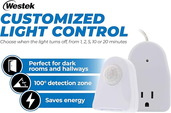 Westek Plug In Motion Sensor Outlet Light Control, 2 Pack - Indoor Motion Sensor Device Activates Lights When Motion is Detected - Ideal for Dark Hallways - 25ft Range, 6 Foot Cord (MLC12BC-4)
