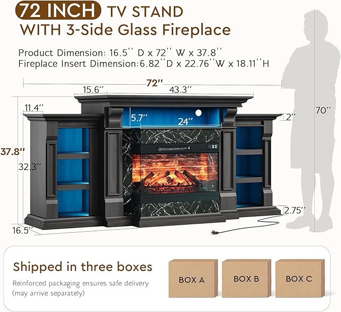 LGHM LED Electric Fireplace TV Stand with Outlet, 72'' Fireplace Mantel for TVs up to 80'', Modern Entertainment Center with 3-Sided Glass Fireplace Heater Insert for Living Room, Black